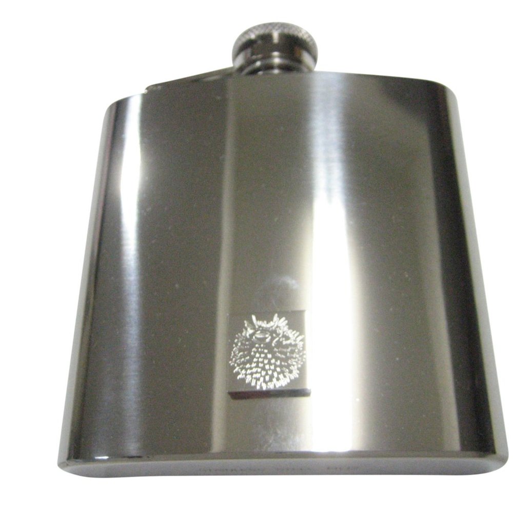 Silver Toned Square Etched Spikey Puffer Fish Fugu Blowfish 6oz Flask